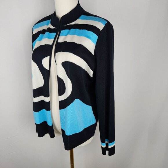 Ming Wang Cardigan Jacket Size Medium Black Blue White Knit Quiet Luxury - Picture 2 of 10
